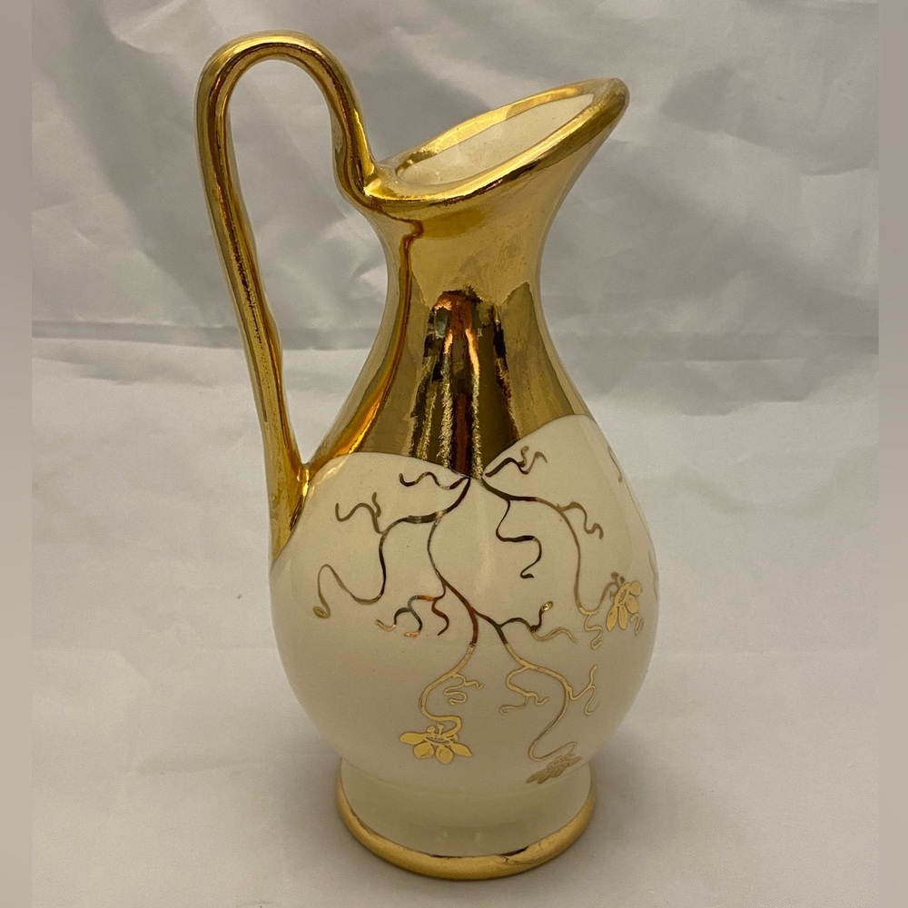 Le Noir Handpainted Small Pitcher Ewer, Ivory & Gold Trim, Vintage EUC